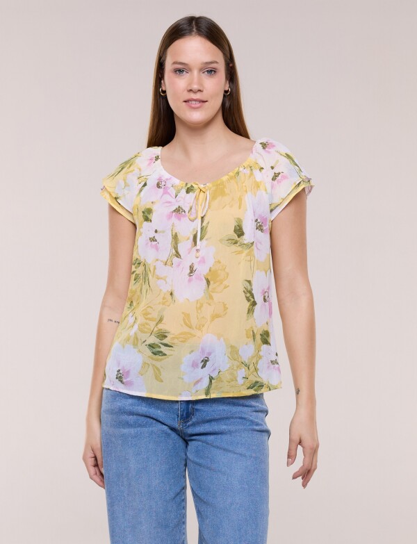 Blusa Floral Con Escote Elastizado Y Lazo MULTI/AMARILLO