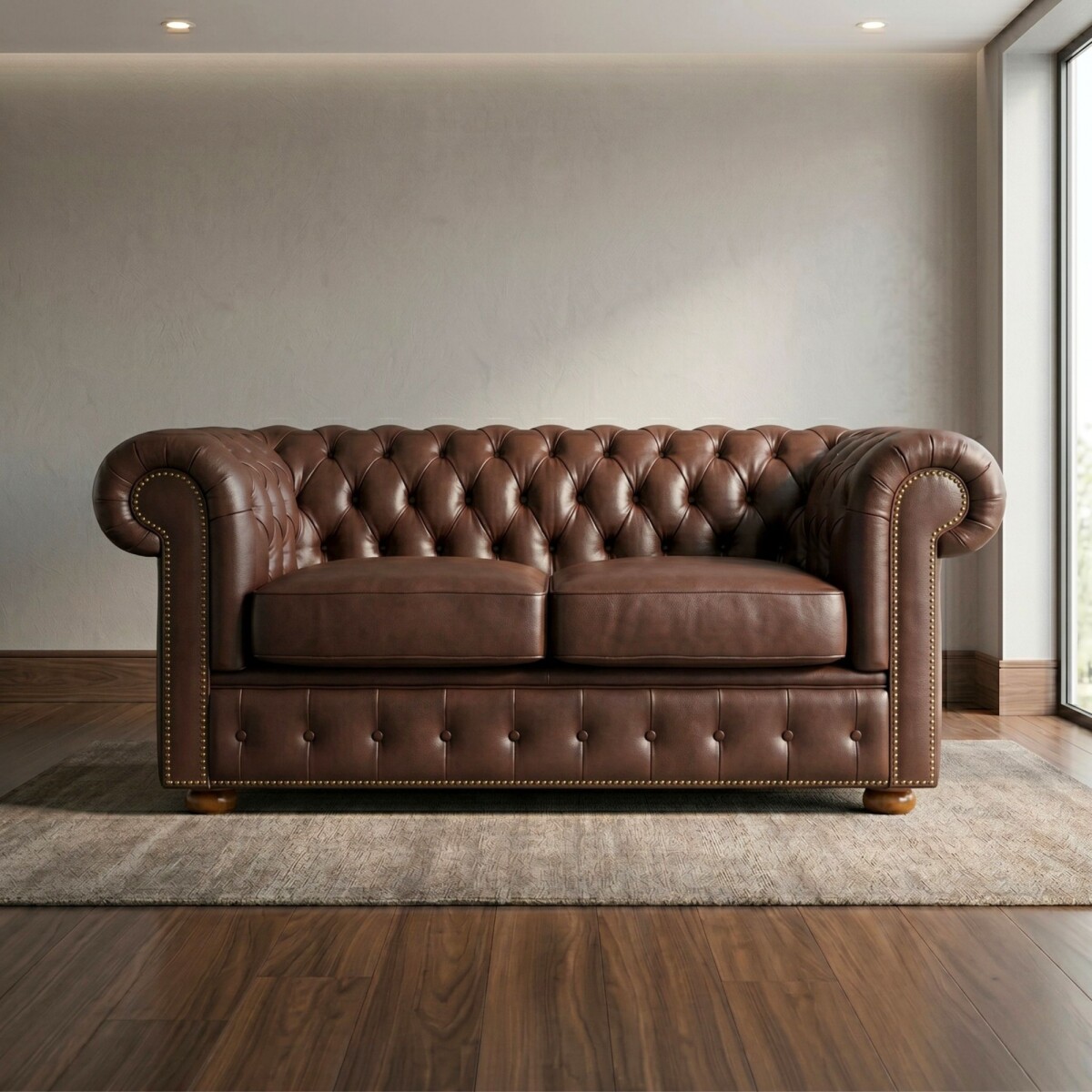 Sillón 100% Cuero - 2 Cuerpos - Chesterfield - Caramelo 