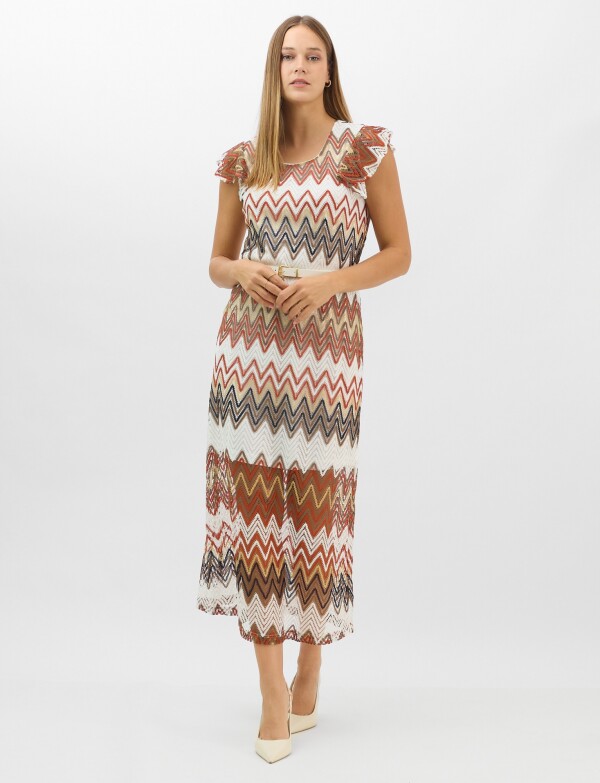 Vestido Midi Calado Con Estampado Zigzag BLANCO/MULTI