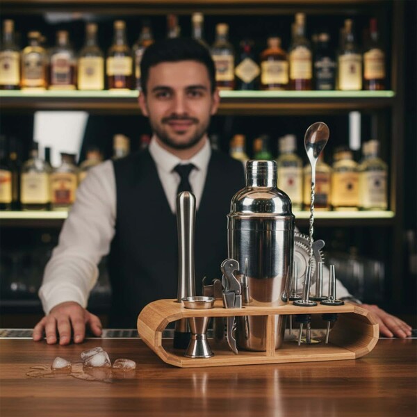 Set de Coctelería Kit 12 pcs Acero Inoxidable C/ Base Madera Plateado