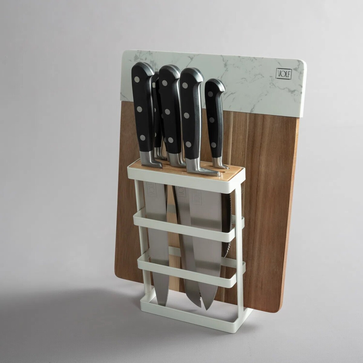 Juego de 6 Cuchillos profesionales Negro, Con Soporte Blanco y tabla de madera y mármol - Volf 
