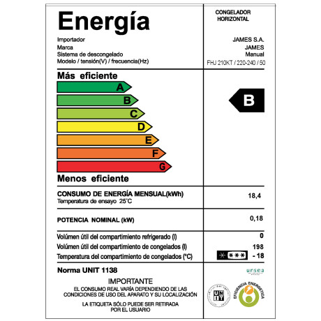 FREEZER HORIZONTAL JAMES 198-LITROS BLANCO FHJ 210 KT FRÍO HUMEDO