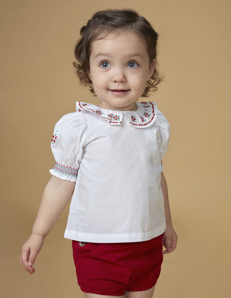 Camisa Cuello Volante Y Bordados - Blanco 