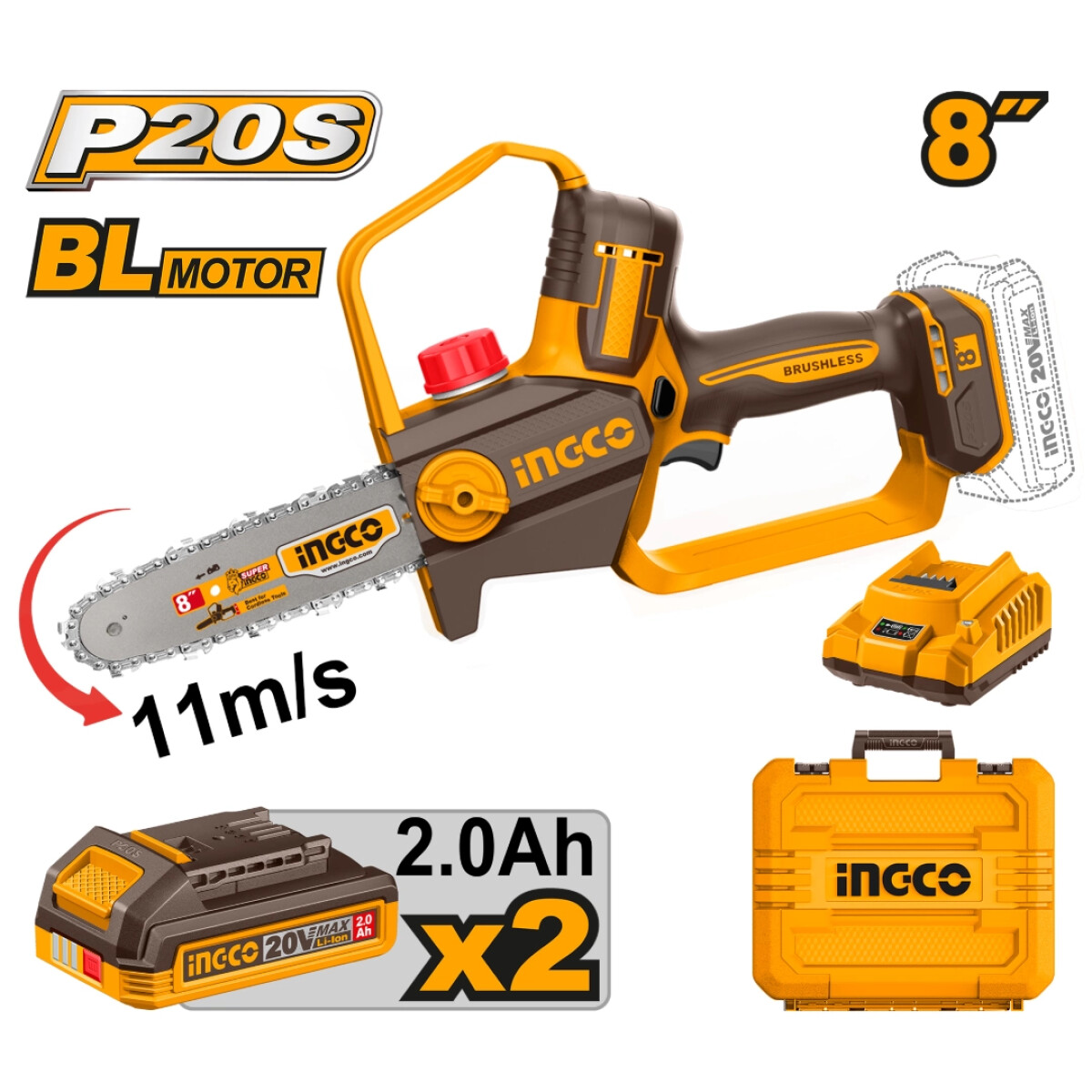 Motosierra a Bateria INGCO P20S 20V 8 CGSLI20882 - Con 2 Baterias 2.0AH y Cargador 