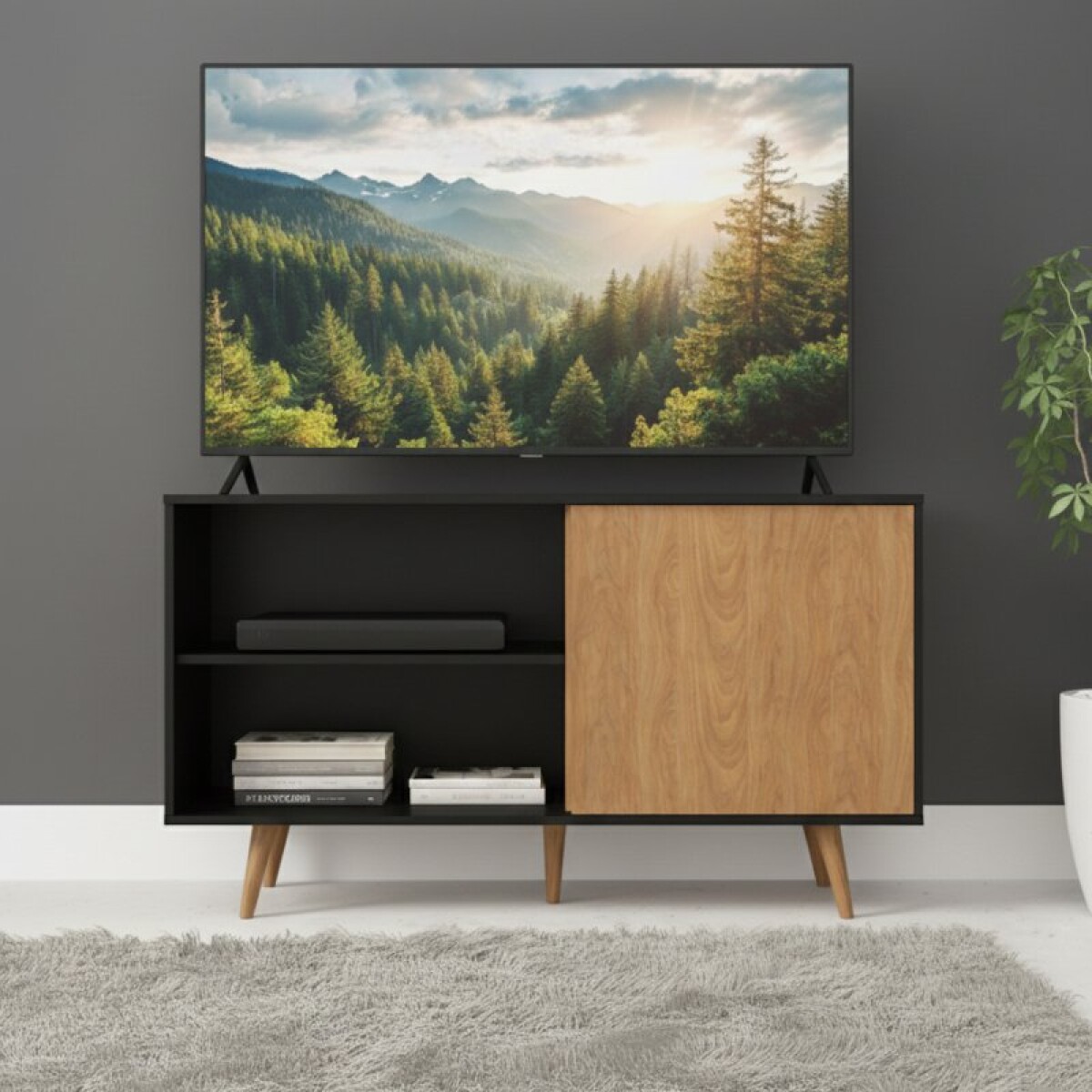 Mueble Rack de Tv Zenith de Piso con Puerta y Estantes 136 cm de Ancho - Negro / Freijo 