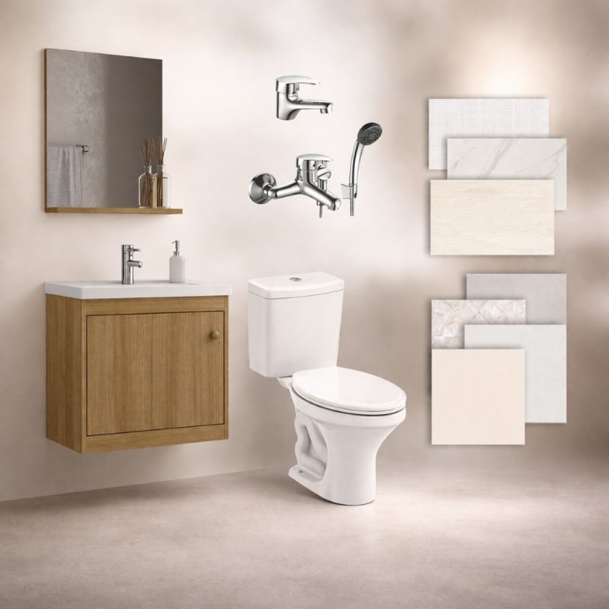 BAÑO COMPLETO N°1 INODORO CON MOCHILA + MUEBLE DE BAÑO 50 CM CON ESPEJO + GRIFERIA + CERAMICA DE PISO Y PARED 
