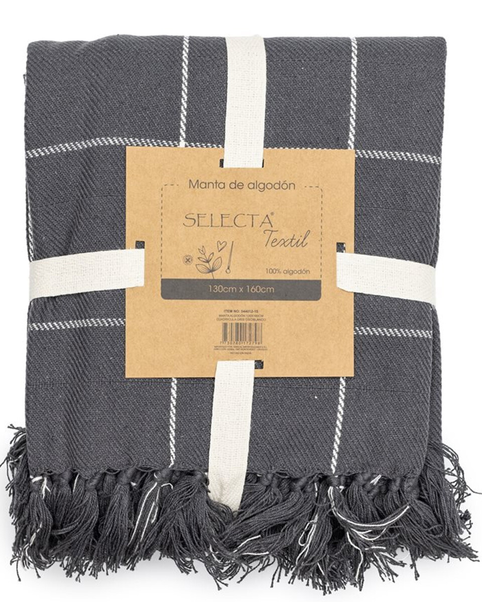 Manta Selecta en algodón con flecos 130x160cm - Cuadrícula Gris oscuro/Blanco 