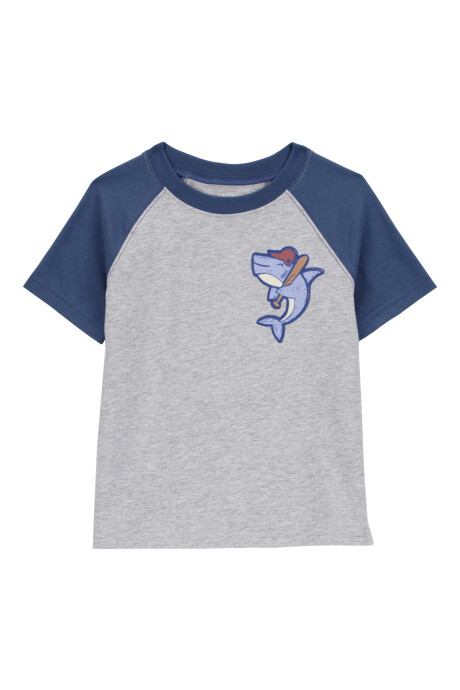 Remera de algodón, manga corta, estampa tiburón Sin color