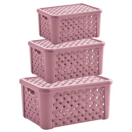 Set X3 Cajas Canastos Organizadores Rattan c/ Tapa Paramount Rosa