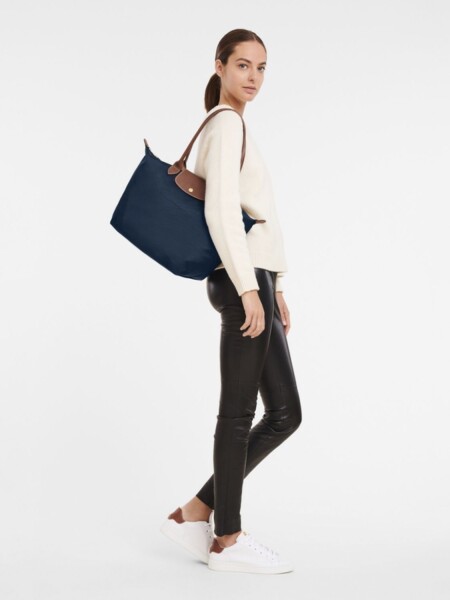 Longchamp -Cartera Longchamp plegable de nylon con cierre y asa larga, Le pliage L Azul