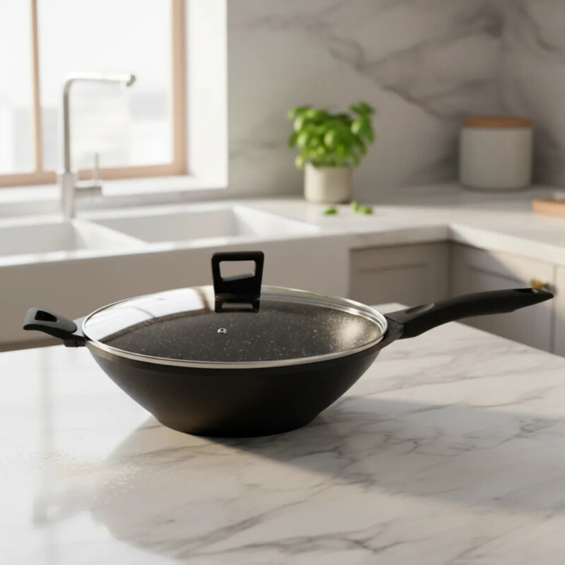 Wok con tapa de vidrio Comet Nuova de 32cm Negro