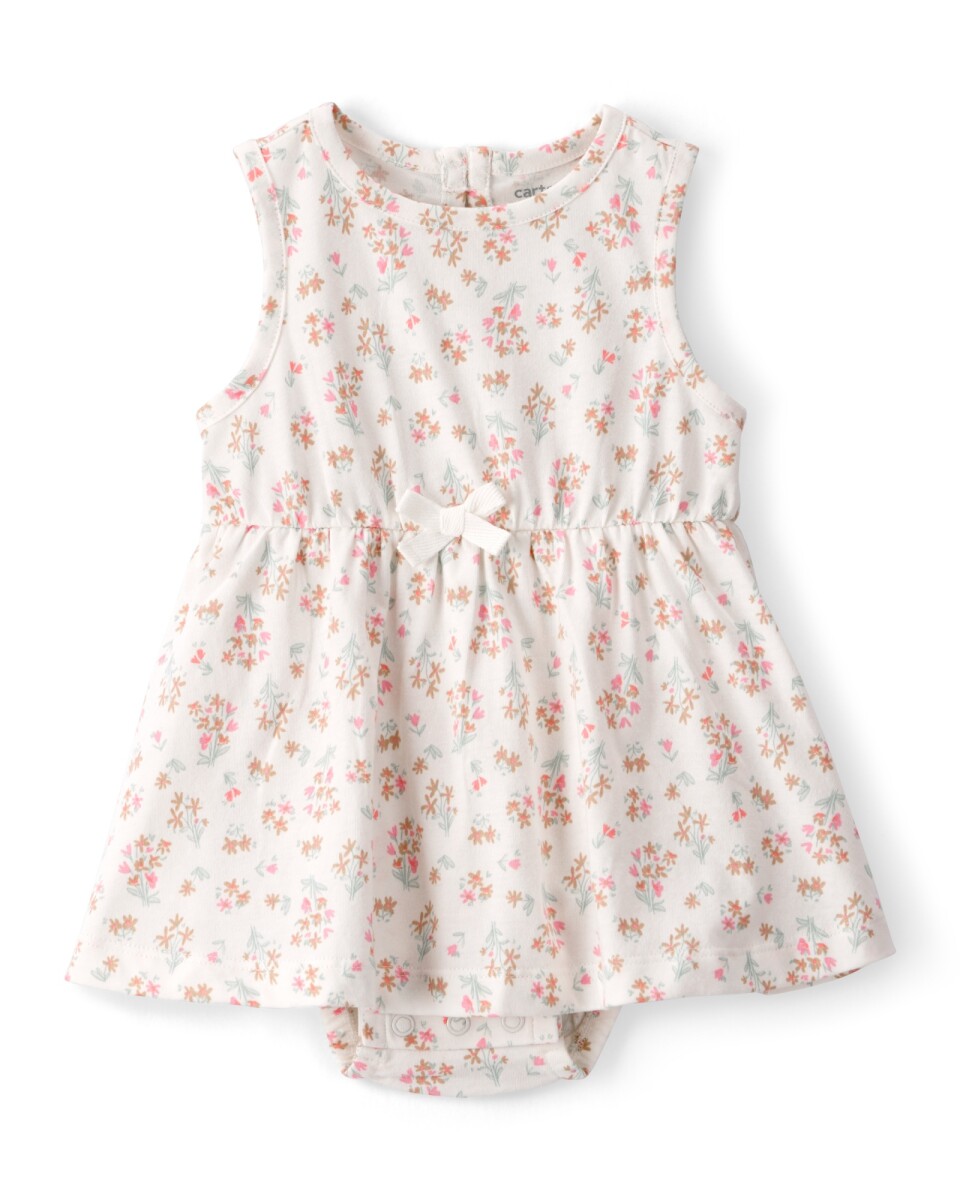 Vestido de algodón, sin mangas, color marfil, diseño floral 