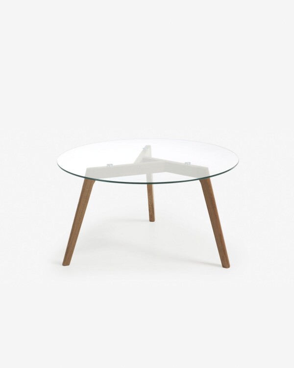 Mesa de centro Kirb cristal y estructura de madera maciza de roble Ø 90 cm