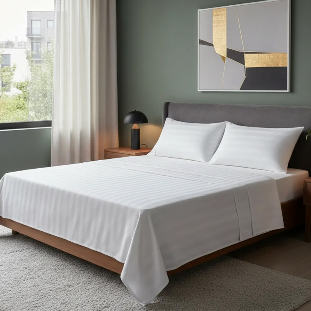 Juego de sábanas KING de tela a rayas Premium 400 hilos Blanco