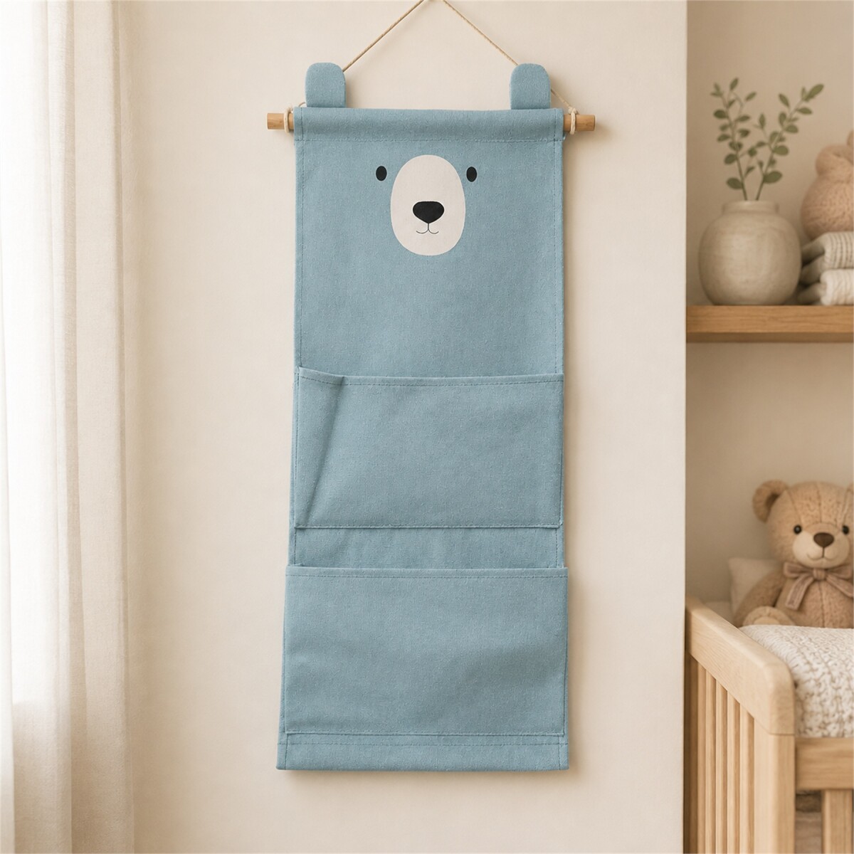 Organizador Colgante Osito Con 3 Bolsillos Para Bebé 60x20cm - Azul 