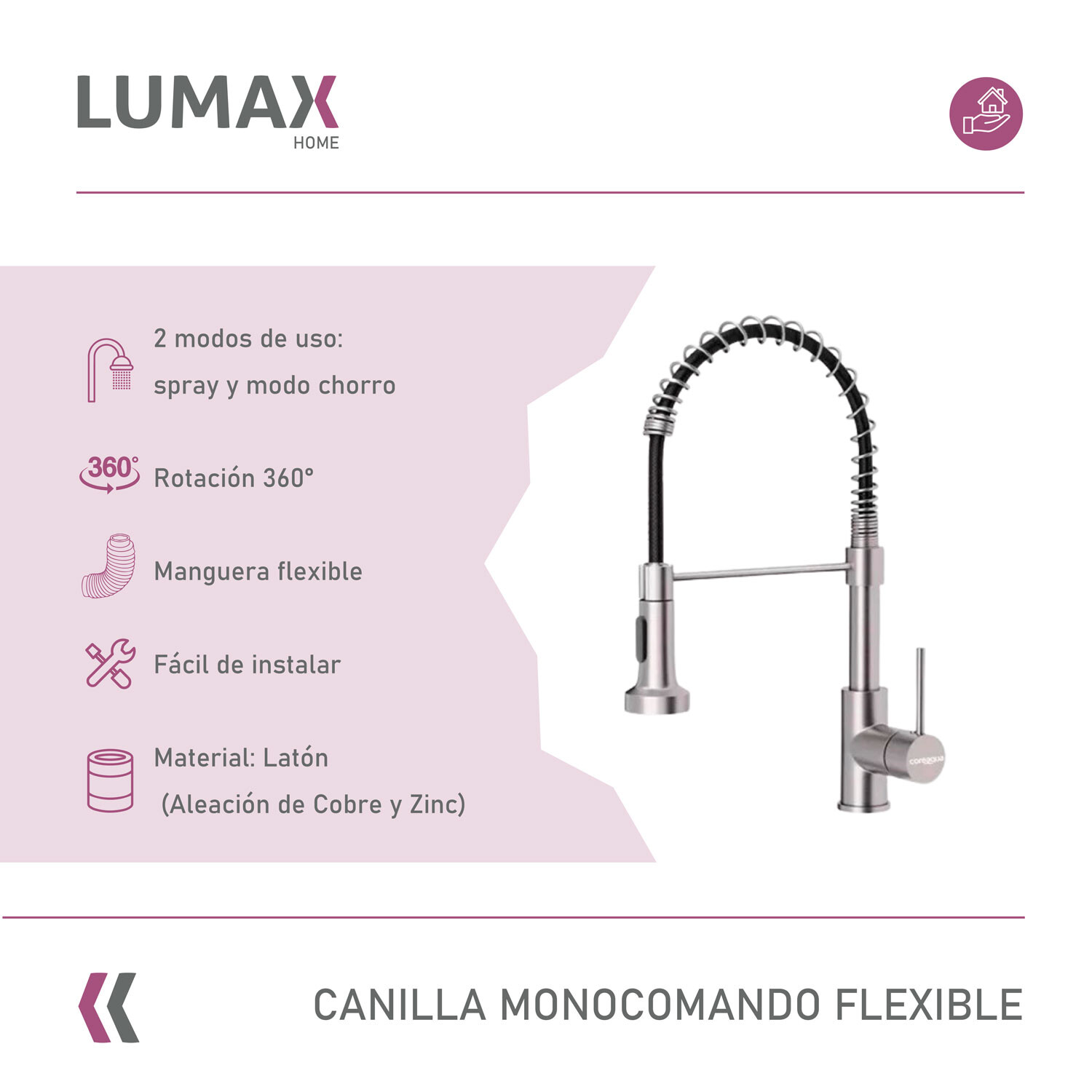 Canilla Monomando Lavaplatos Flexible Griferia Cocina Plateado