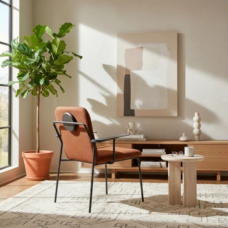 Silla con apoyabrazos - Tapizada en tela terracota, patas metal con detalle de circulo de madera. Silla con apoyabrazos - Tapizada en tela terracota, patas metal con detalle de circulo de madera.