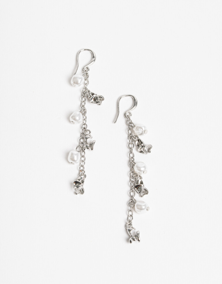 Aros Colgantes Largos Perlas Aros Colgantes Largos Metal Y Perla - Plateado Rodio