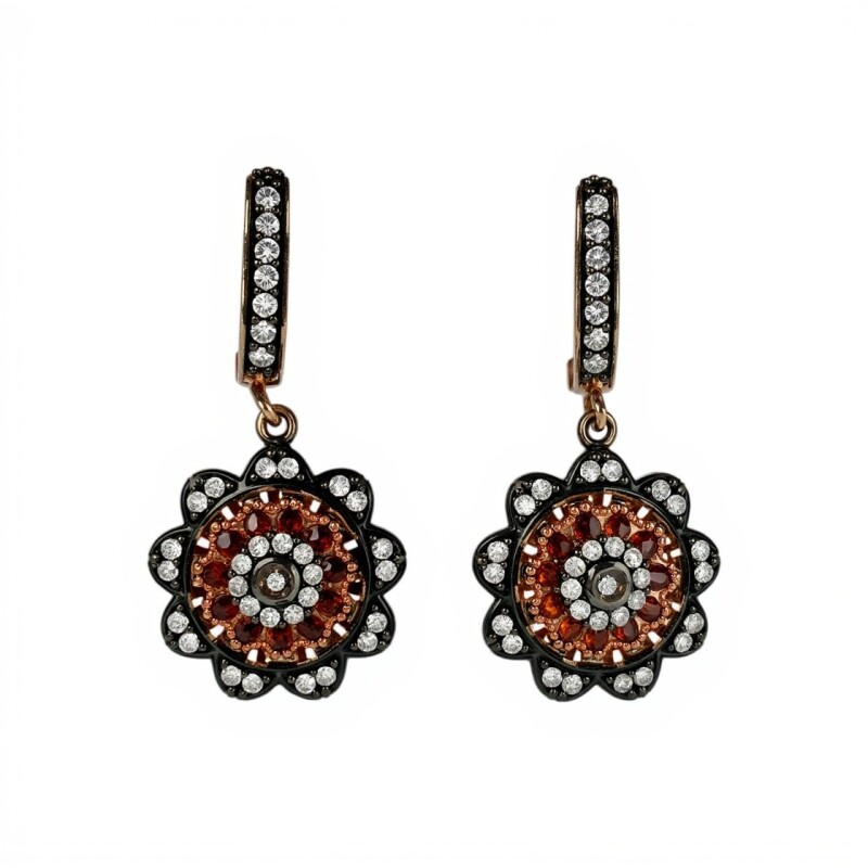 Caravanas Flor-Plata rodinada 925 con micra de oro 18k-Piedra Zirconia-CA2042 conpiedra