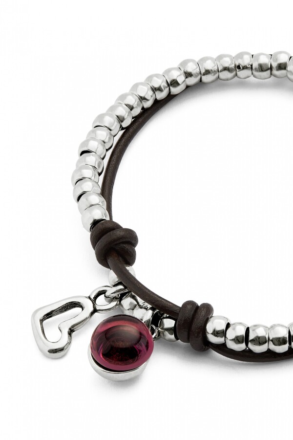 PULSERA EN ALEACIÓN DE METALES BAÑADAS EN PLATA DE LEY CON CUERO Y CRISTAL DE MURANO MORADO Pulsera