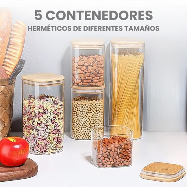Set Pack De 5 Contenedores Hermeticos Con tapa Madera Frascos Set Pack De 5 Contenedores Hermeticos Con tapa Madera Frascos