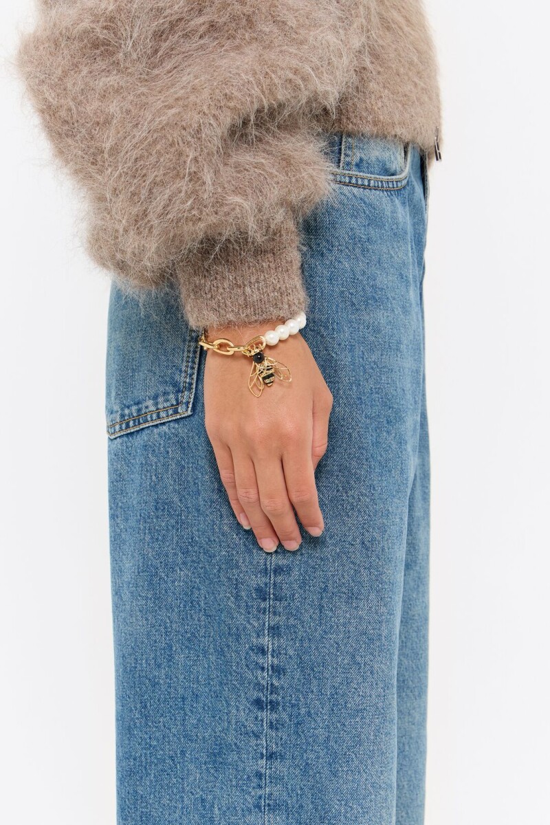 PULSERA ABEJA PERLAS Y CADENA Oro