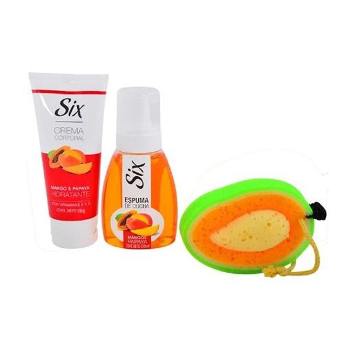 Pack Six Espuma, Crema Corporal mango y papaya y Esponja 