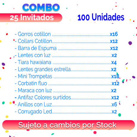 Combo Cotillon Fluo Luminoso 25 Invitados - 102 Articulos Combo Cotillon Fluo Luminoso 25 Invitados - 102 Articulos