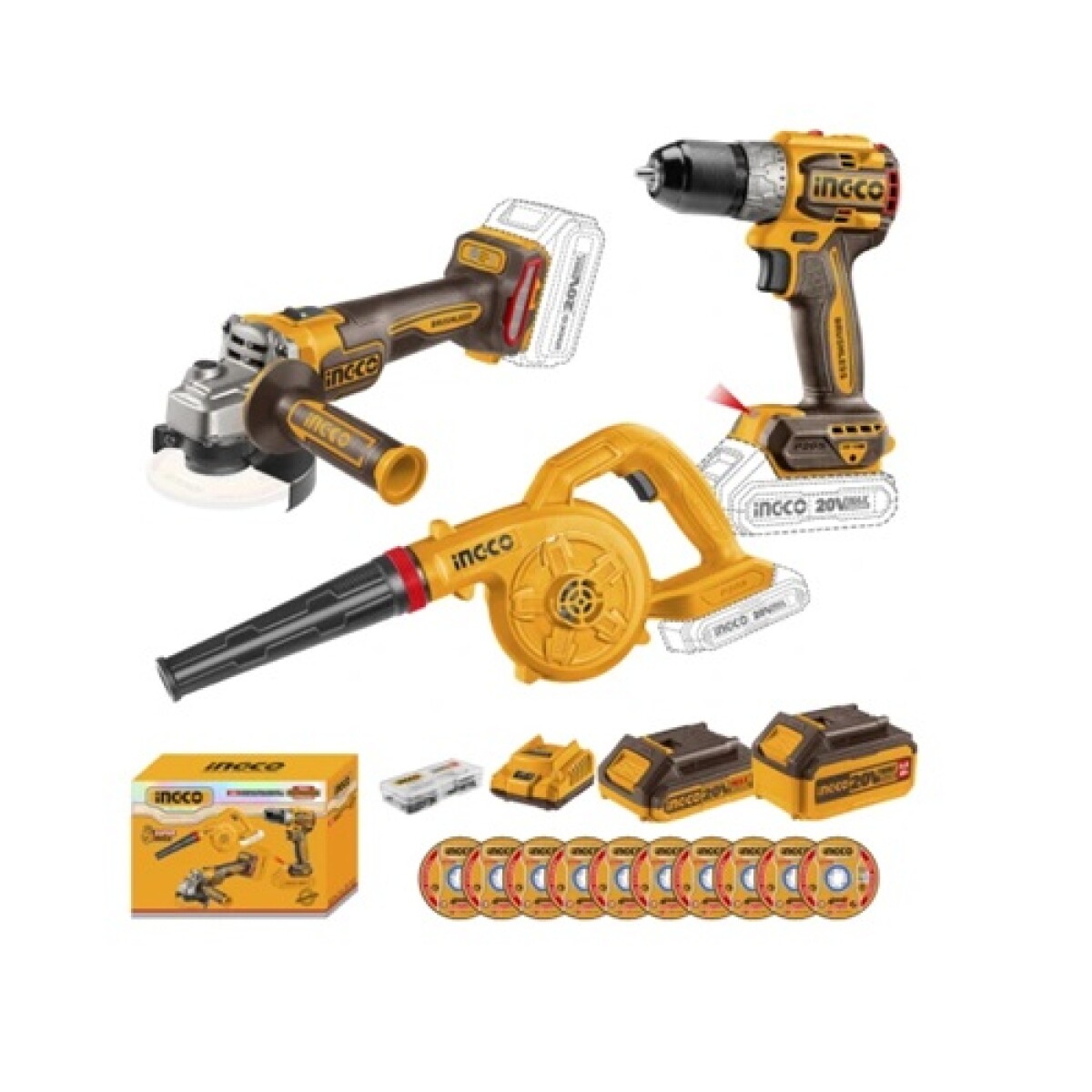 Kit Ingco a Batería P20S 20V Amoladora Taladro Sopladora 