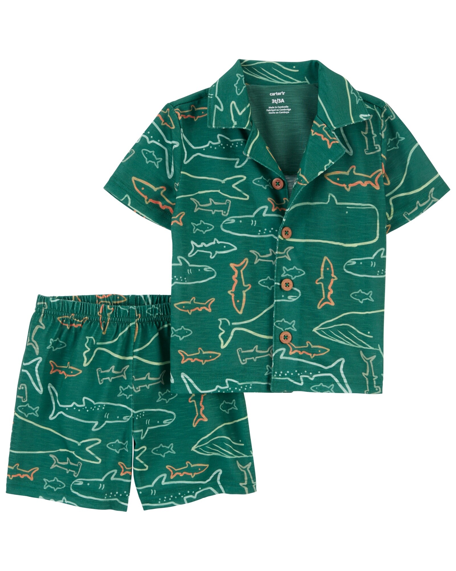 Pijama dos piezas de slub jersey, short y camisa holgados, diseño tiburón Sin color