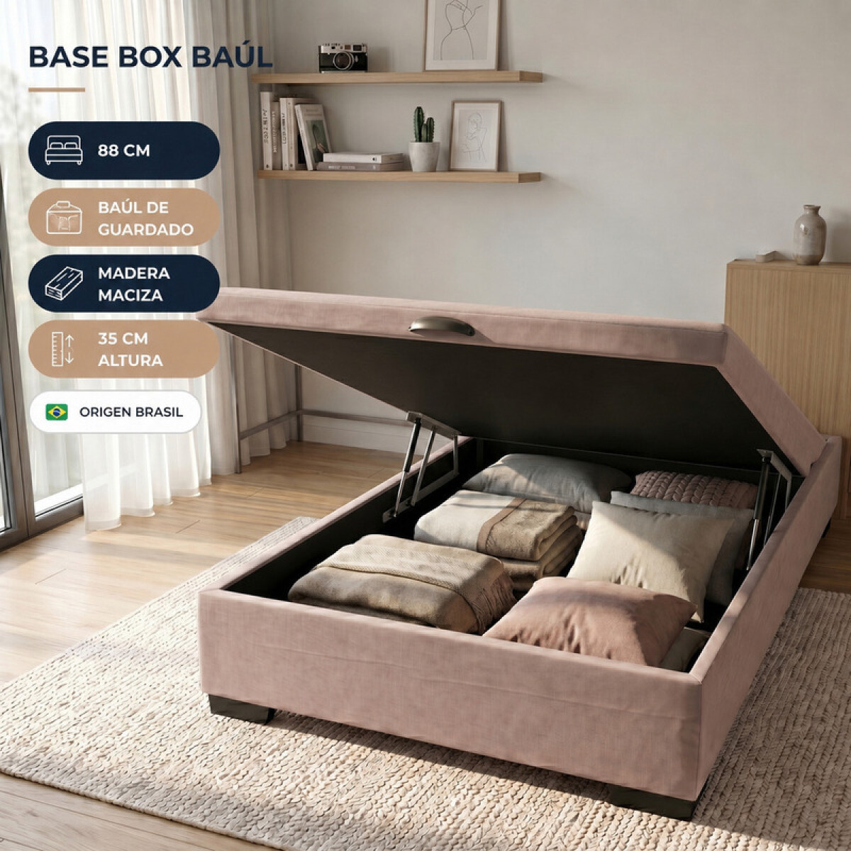 Base para Sommier Colchón Baul 1 Plaza - 88 x 188 x 35 cm - Estructura Madera Maciza - Beige 