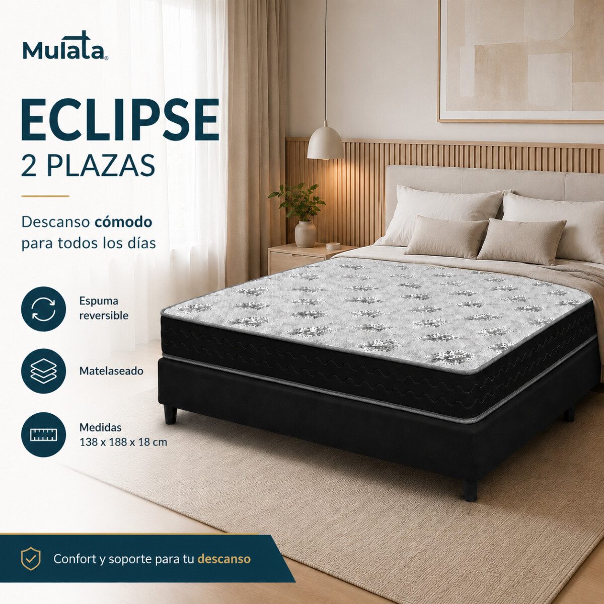 Sommier Eclipse 2 Plazas Colchón Espuma Reversible Matelaseado 138 x 188 x 18 cm 