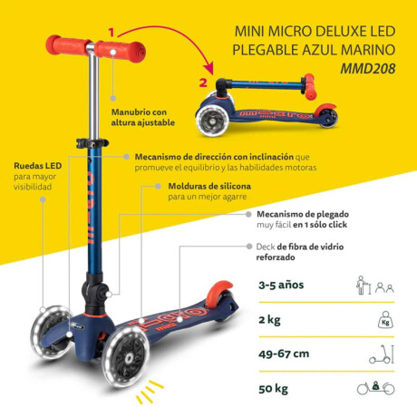 Monopatín Micro Mini Plegable Neón Led Ajustable Con 3 Ruedas Azul