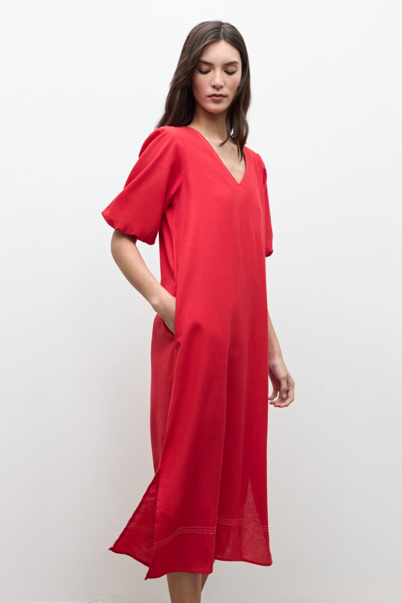 Maxi vestido mangas abullonadas rojo
