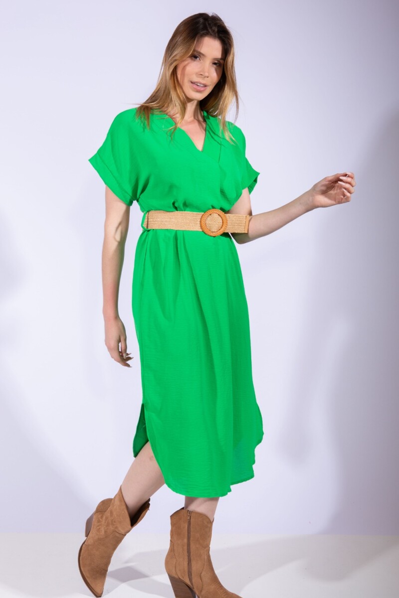 Vestido Escote v con cinto Verde