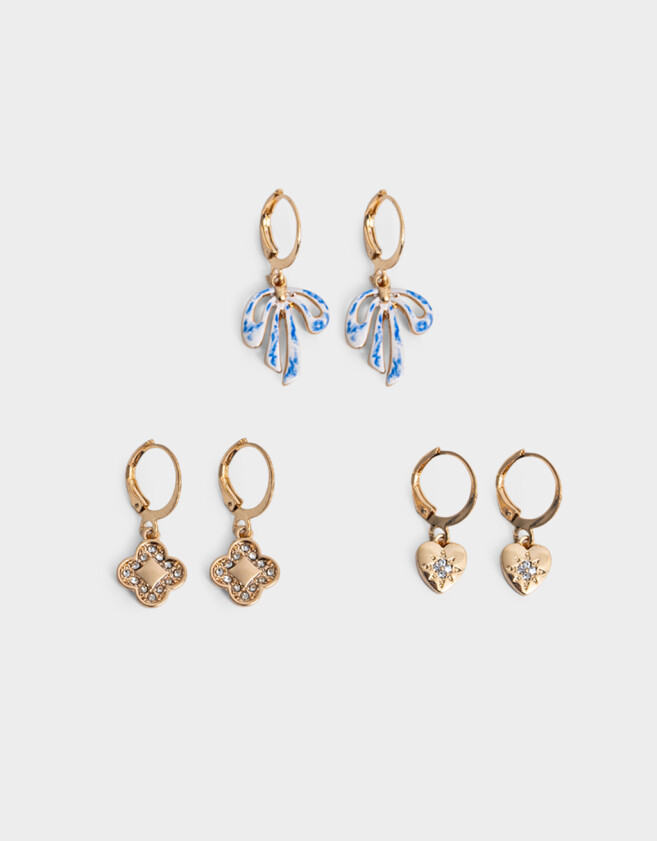 Aros Argollas Set Azul Set De Argollas Con Dijes - Dorado