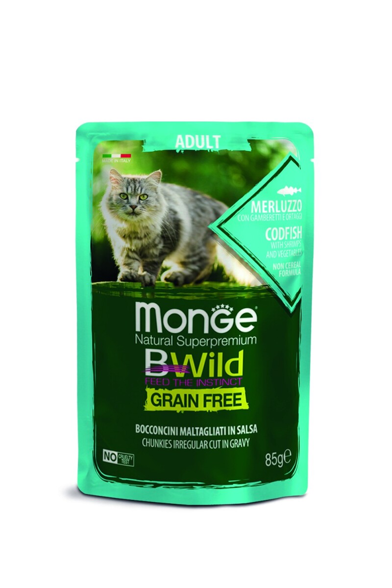 MONGE BWILD POUCHES AD. CODFISH W/ SHRIMPS AND VEGETABLES 85 GRS 