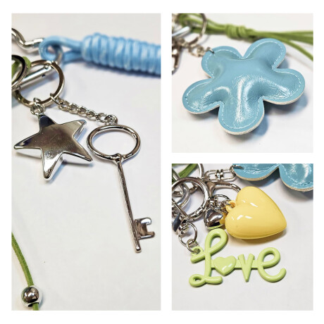 Llavero con accesorios Flor y Corazón Celeste