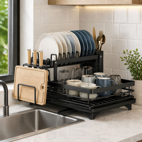 Escurridor Platos 2 Niveles Drenaje Automático Organizador Negro