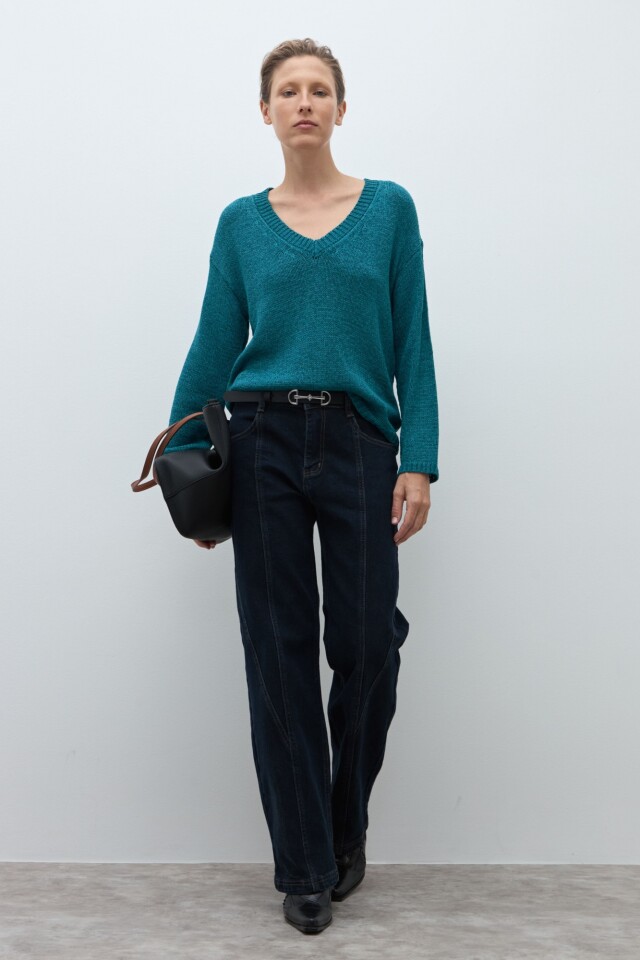 Sweater cinta escote V verde petroleo