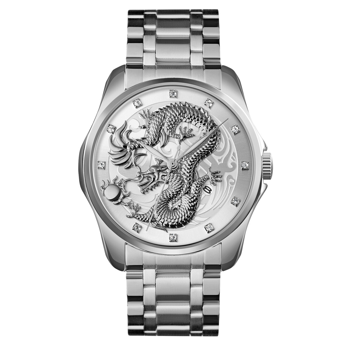 Reloj Skmei 9193SISI analógico para hombre en acero plateado con esfera plateada y dragón en relieve - Plateado 