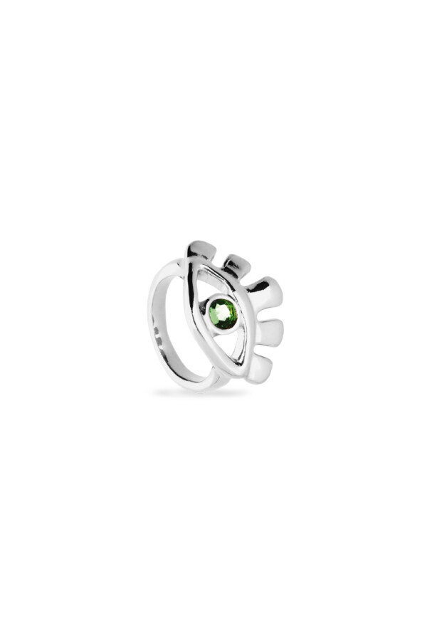 ANILLO EN ALEACIÓN DE METALES BAÑADO EN PLATA DE LEY EN FORMA DE OJO CON CRISTAL FACETADO VERDE Anillo