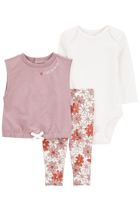 Set tres piezas chaleco, calza floral y body de algodón Set tres piezas chaleco, calza floral y body de algodón