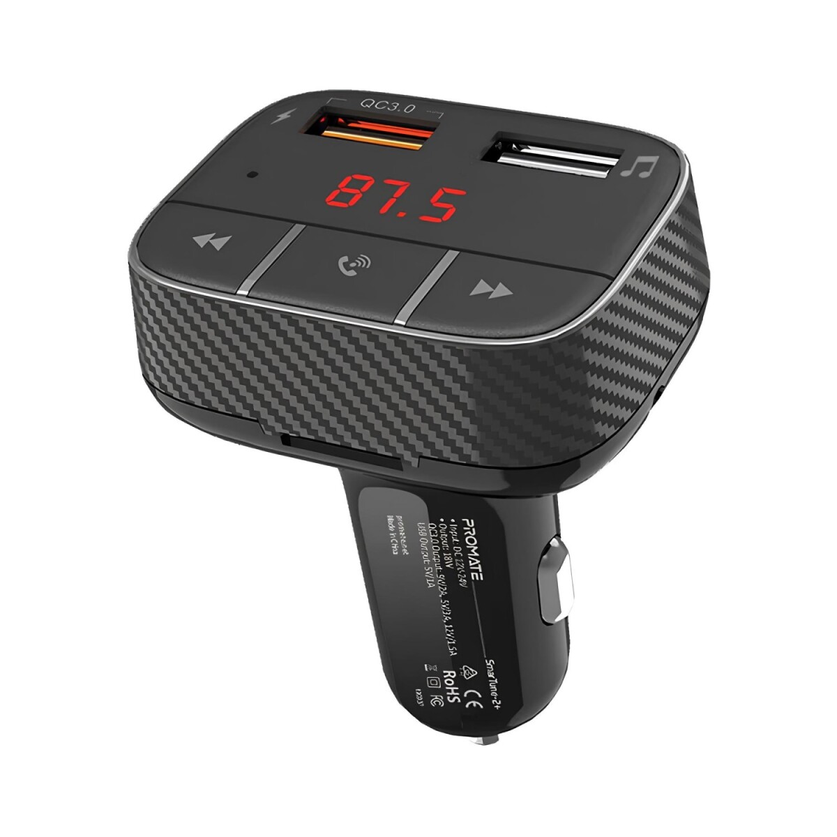 CAR WIRELESS PROMATE SMARTUNE 2+ FM MODULATOR BT + QUICK CHARGE 3.0 - Black 