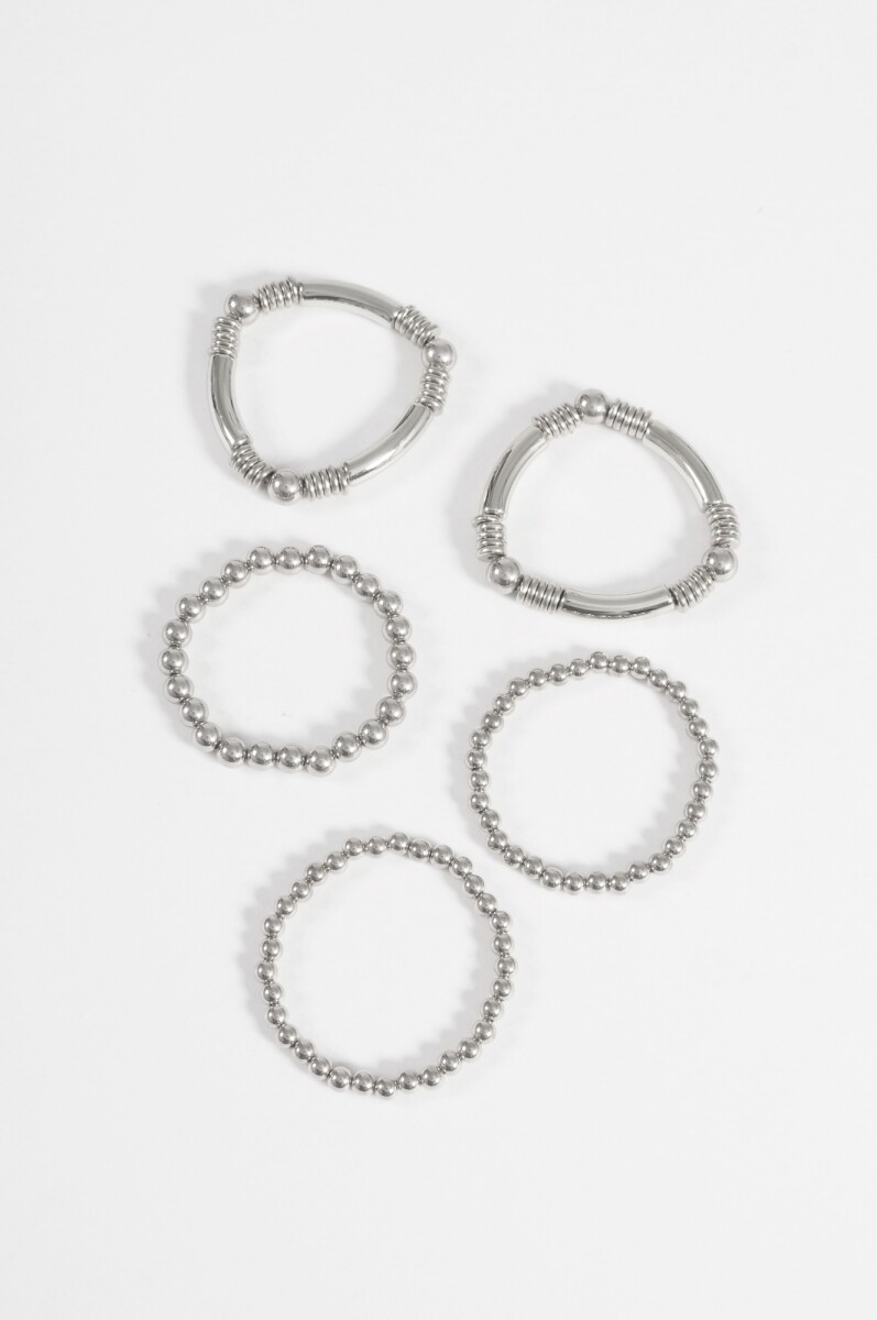 Set de 5 pulseras elásticas de cuentas - plateado 