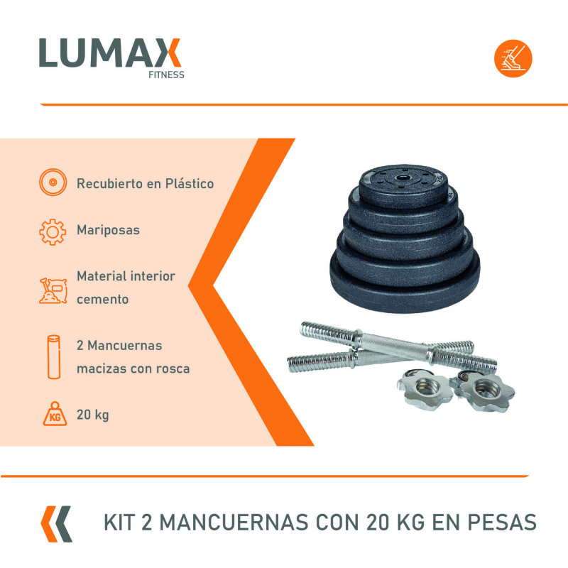 Kit 2 Mancuernas Maciza Cromada C/ Rosca + 20 Kilos Pesas 2x5Kg 4x2.5Kg
