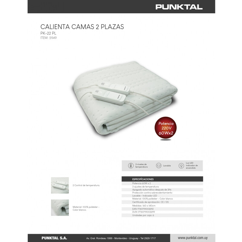 Calienta Cama Punktal 2 Plazas Eléctrico Lavable 3 Temperaturas Apagado Automático Manta Térmica 160x140 Calienta Cama Punktal 2 Plazas Eléctrico Lavable 3 Temperaturas Apagado Automático Manta Térmica 160x140