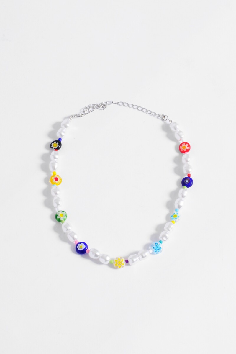 Collar perla sintetica y flores multicolor