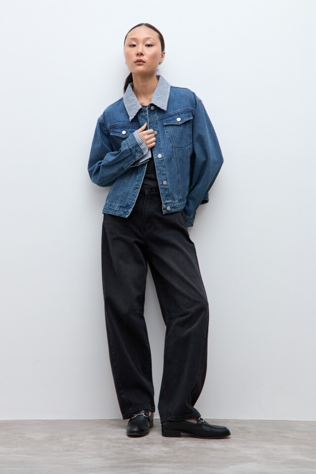 Chaqueta de jean con Vichy jean medio