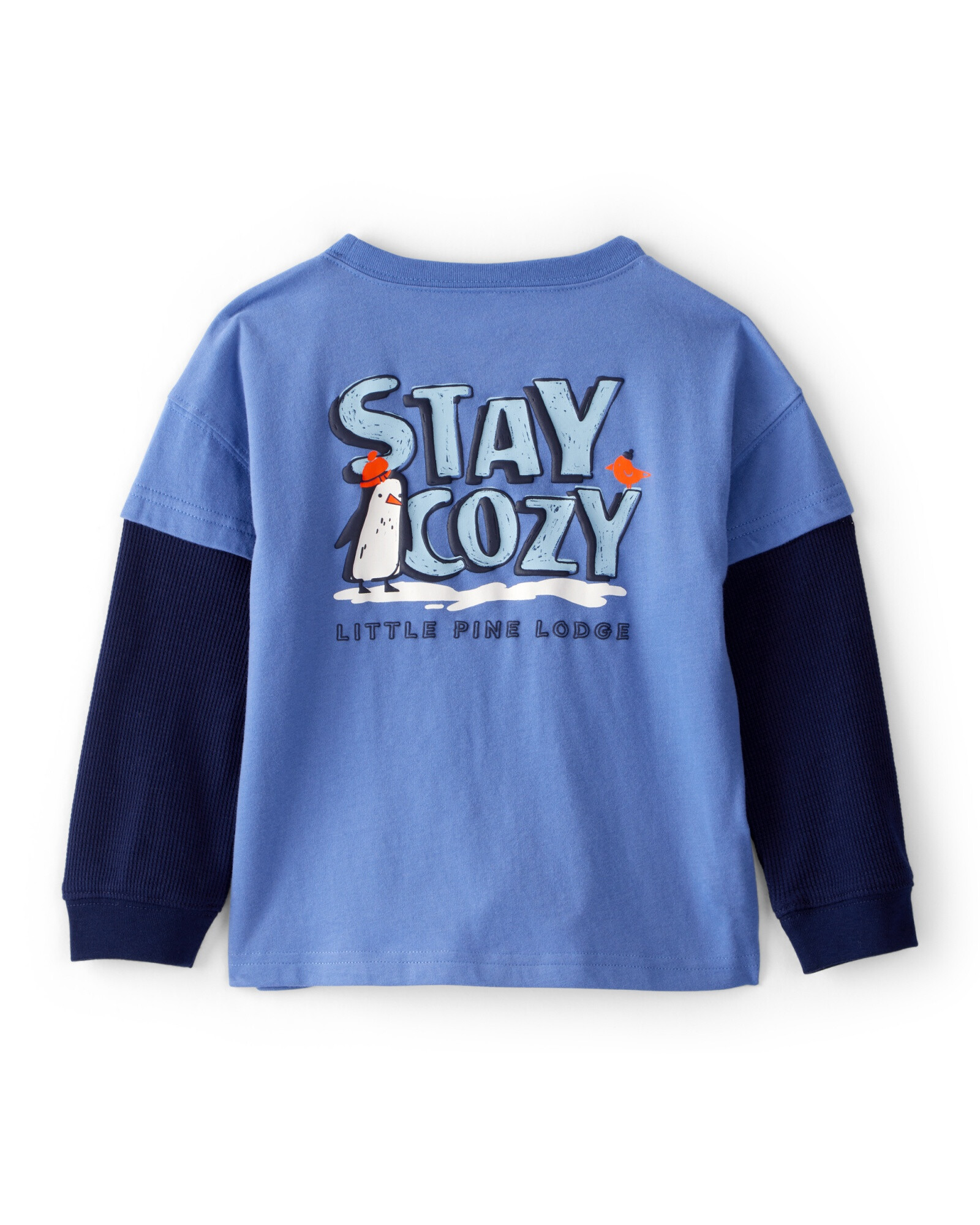 Remera de algodón, manga larga, azul, estampa pingüino Sin color